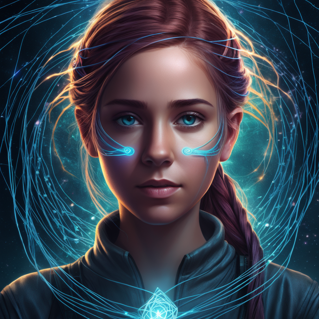book cover design for a sci-fi story about a young adult woman who can weave glowing threads of fate