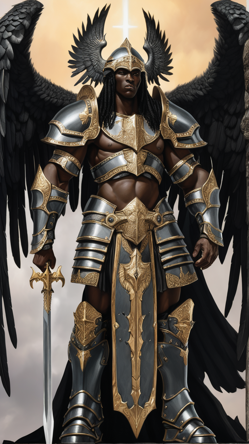 A black god with wings wearing armor