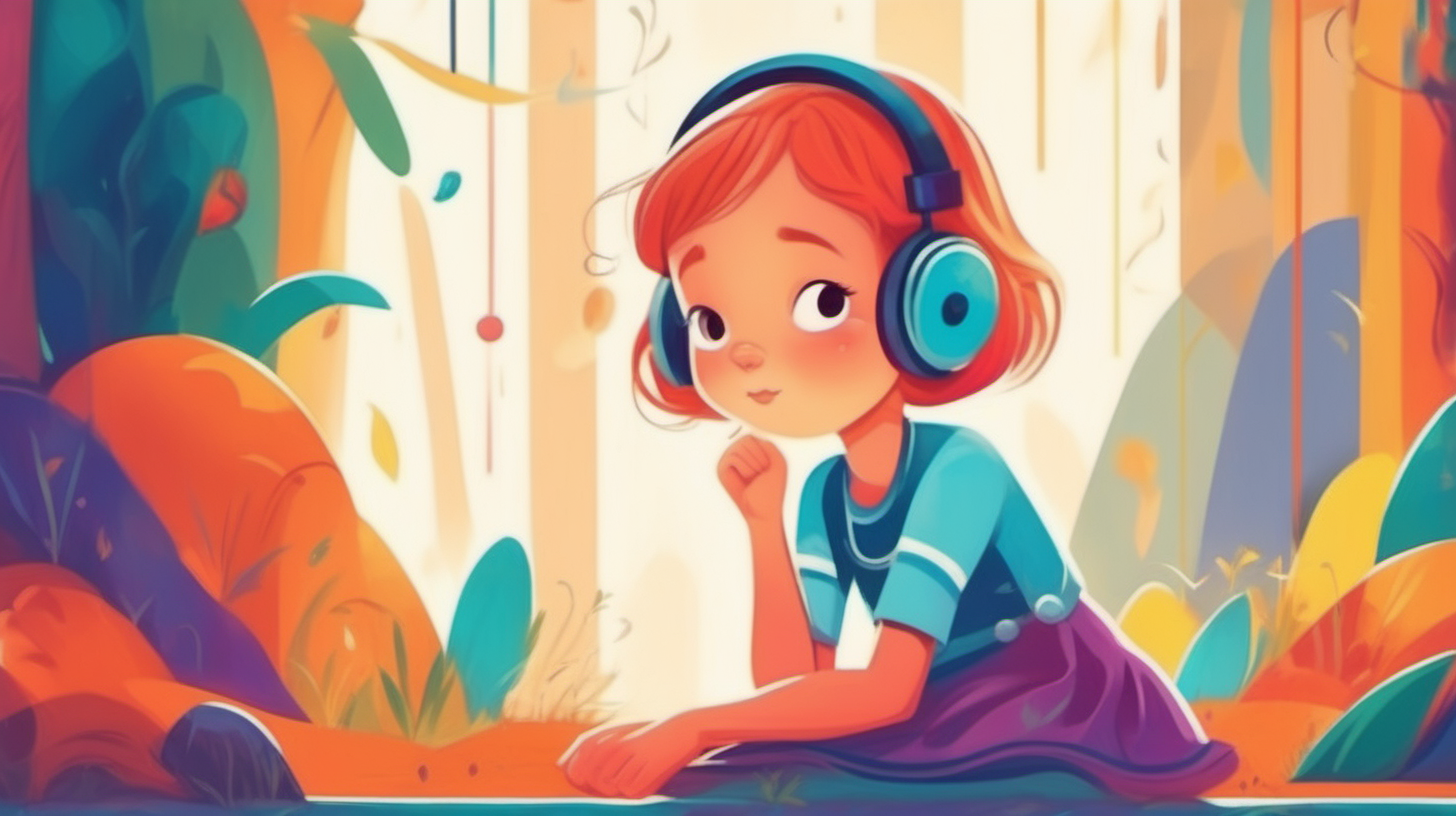 primer plano niña y en posición de escucha atenta de sonidos. Estilo colourful Stylized Children book