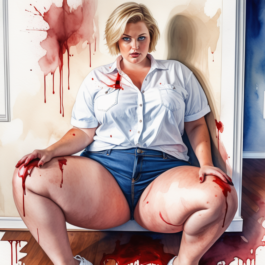 sexy point of vew image from top to bottom by a curvy plus size blonde woman, blue eyes, short hair, wide hips, thick legs,wearing denim shorts and a white tennis shirt with a knife in her hand sitting with legs wide open in the room of a house stained with blood, image based in watercolor paint art.
