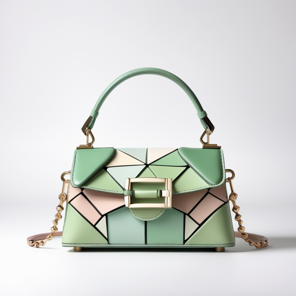 Mosaica inspired luxury small leather bag - one handle - innovative shape - metal buckle - frontal view - pastel green shades