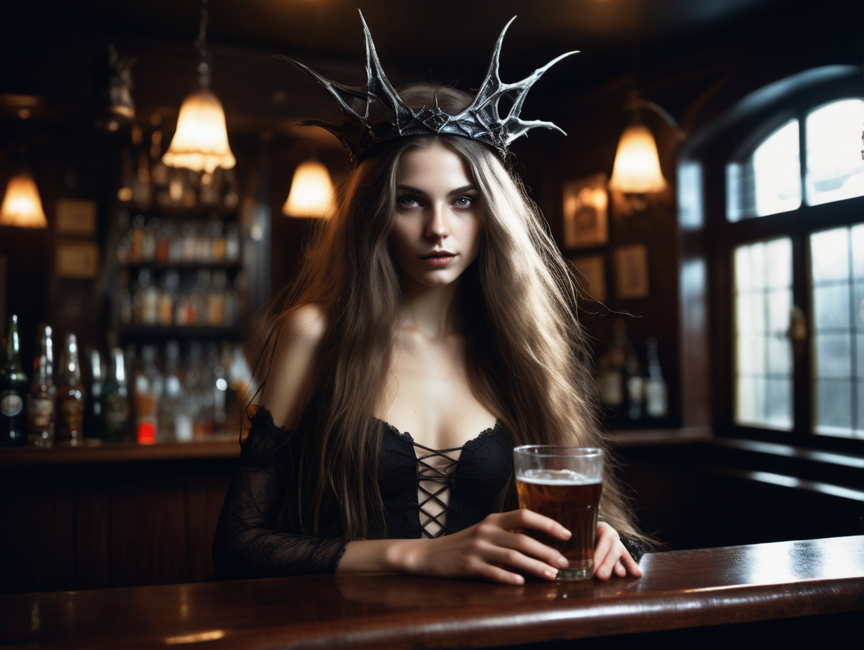 A beautiful slim woman in her twenties with long open hair, wearing witch attire,  thorn crown on head, in a pub, sitting at the bar ,dark, she is drinking from a royal artistic glass, in the moonlit night, delicate hands, detailed face, detailed skin, detailed hands, photorealistic, gravure, AV, pro photography, slide film, photo book, window light, full body shot, soft body, window light, 35mm