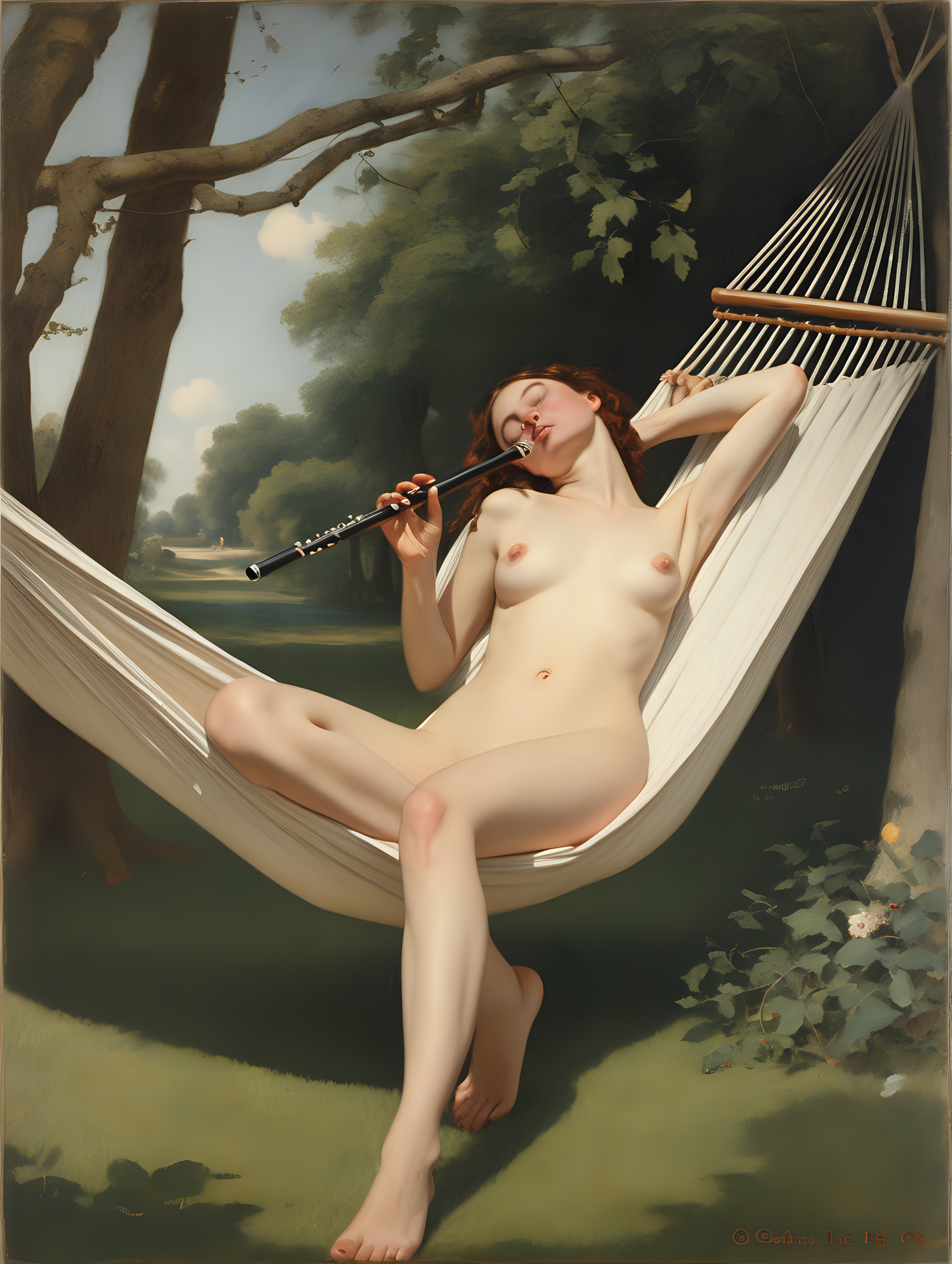 nude woman lying in a hammock playing flute