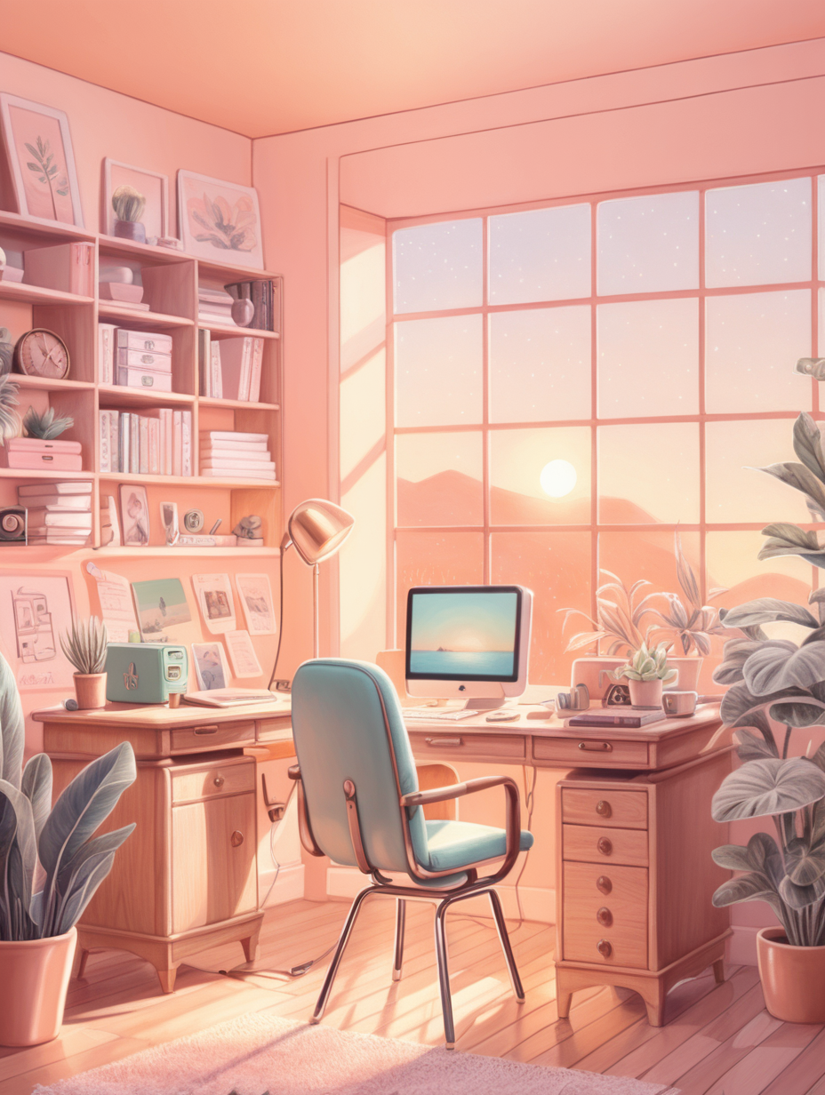 home office background, pastel, handdrawn, cinematic, sunny, warm lighting, lofi, ,cute, retro