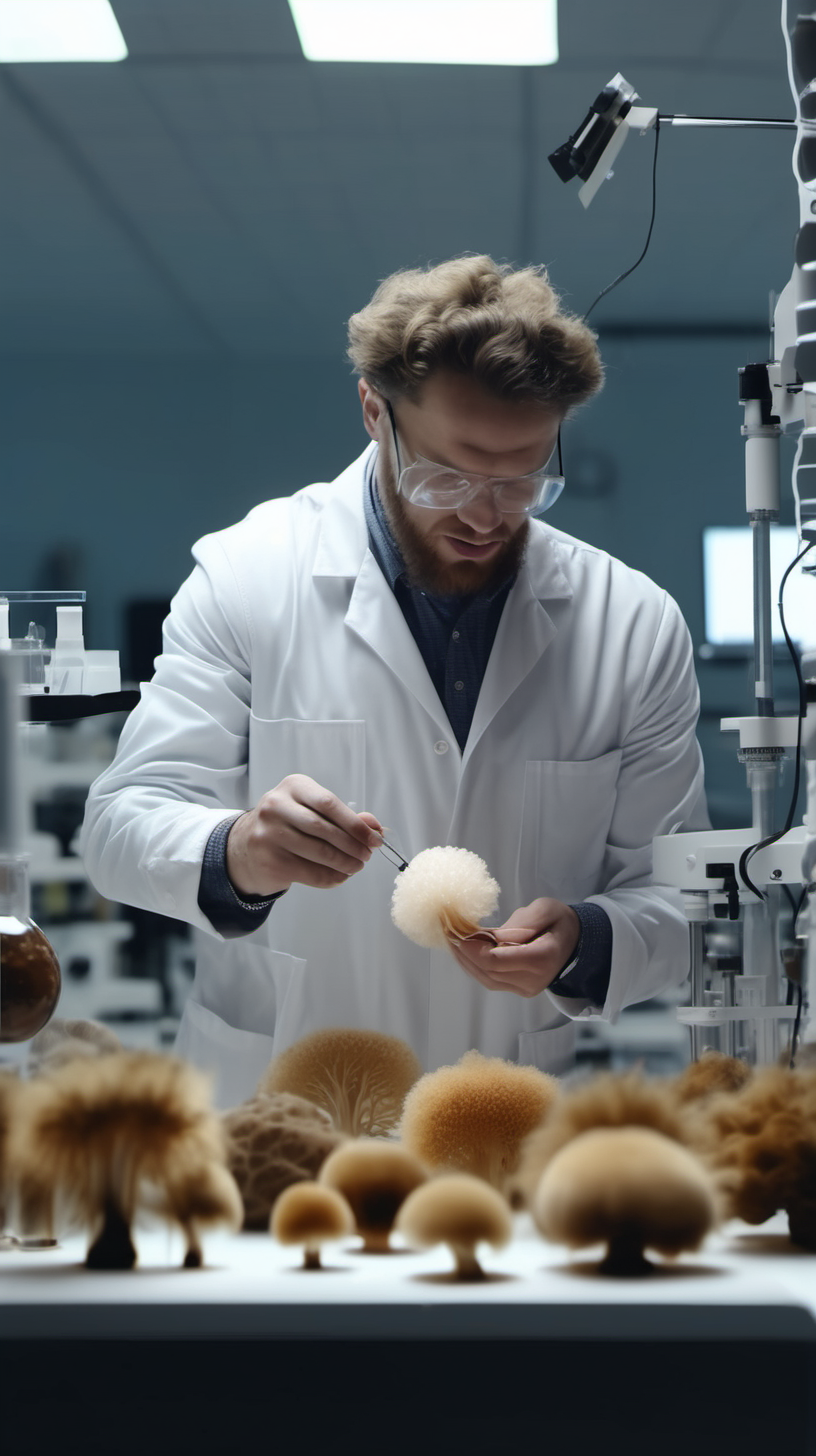 smart man researching a lions mane mushroom in a lab 4k