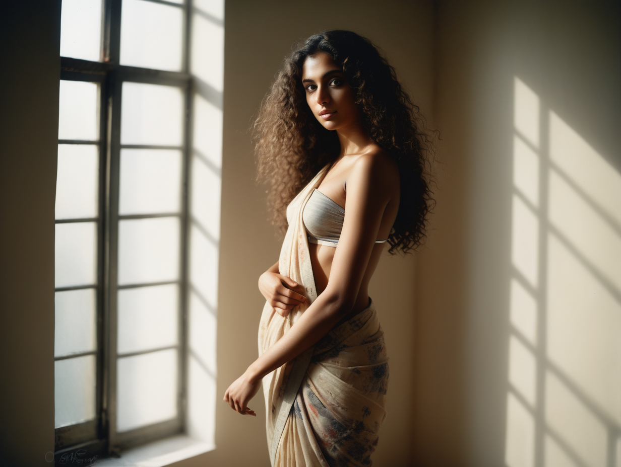 A beautiful slim british woman in her twenties with long curly hair , wearing a semi-nude saree, sexy,  in a studio, with art all over the walls, studio lights, delicate hands, detailed face, detailed skin, detailed hands, thighs visible, photorealistic, fine art photoshoot , gravure, AV, pro photography, slide film, photo book, window light, full body shot, soft body, window light, film grain, 35mm, stretch marks, cinematic