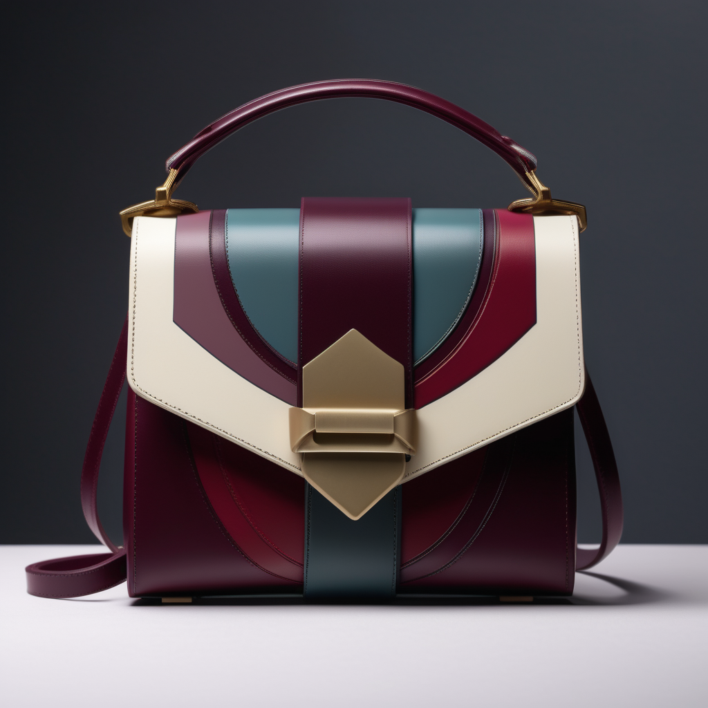 Art Nouveau motiv inspired luxury small  bag  leather with flap and metal buckle- geometric shape - frontal view  - inserts color block - Burgundi shades