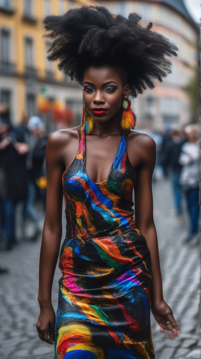 A beautiful young dark skin black woman in colorful flowing clothes dancing playfully in the street with long beautiful cascading hair, full lips in a sexy smile in mural art style