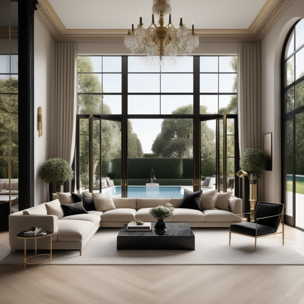 A hyperrealistic image of a grand, elegant modern Parisian casual living room in a beige oak brass and black colour palette with floor to ceiling windows showing views of the pool and gardens,