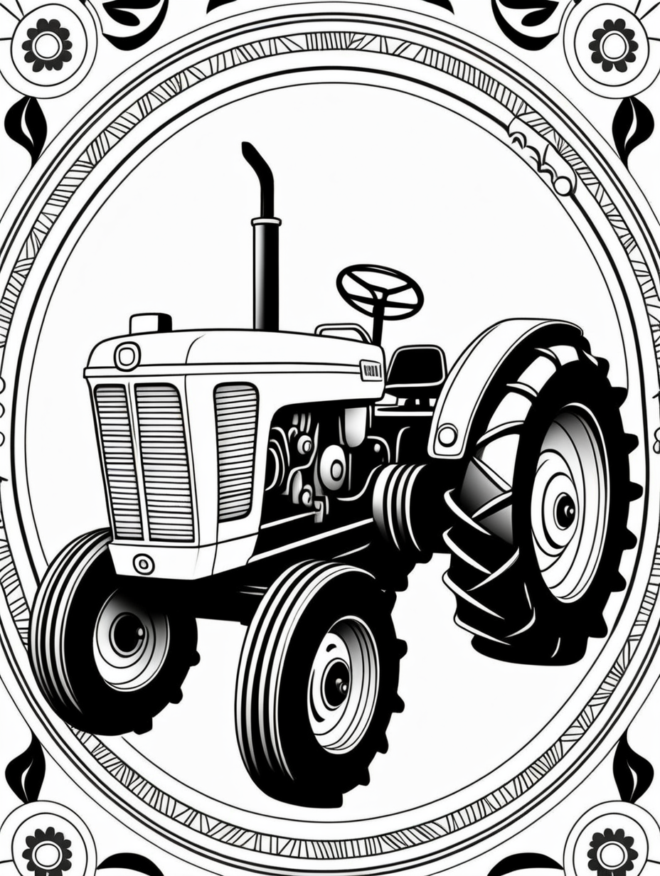 tractor inspired mandala pattern, black and white, fit to page, children's coloring book, coloring book page, clean line art, line art, no bleed