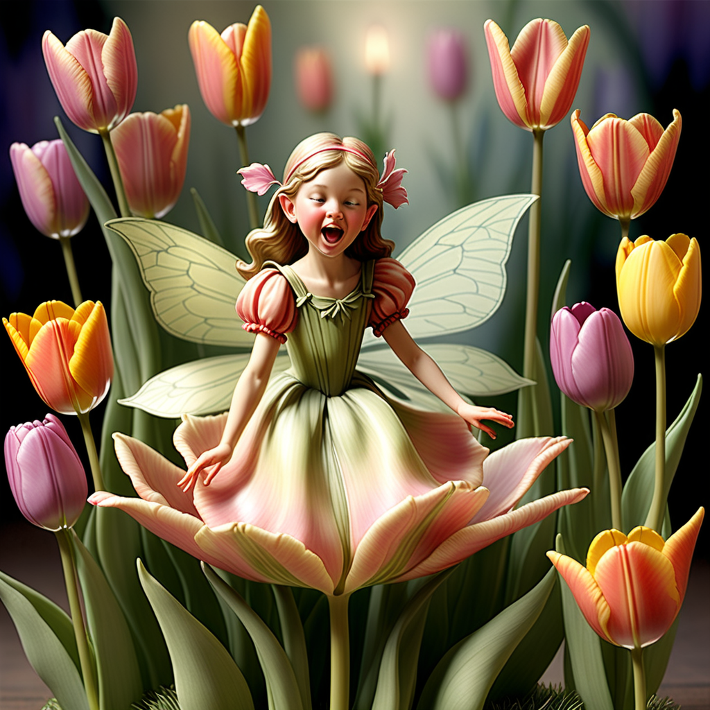 Envision a fairy singing a sweet serenade on a tulip petal stage, capturing the charming and musical spirit present in Cicely Mary Barker's portrayal of fairies.