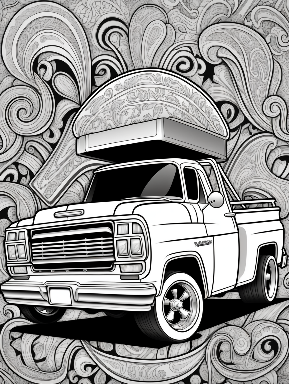 lowrider pick-up truck, paisley pattern background, children's coloring book page, cartoon style, clean line art, line art, coloring book, black and white, no color