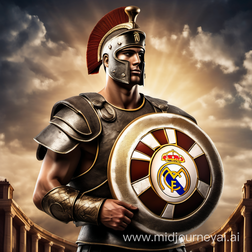 Un legionario romano con un balon de futbol y un gran escudoconel simbolodel real madrid.fondo crepuscular