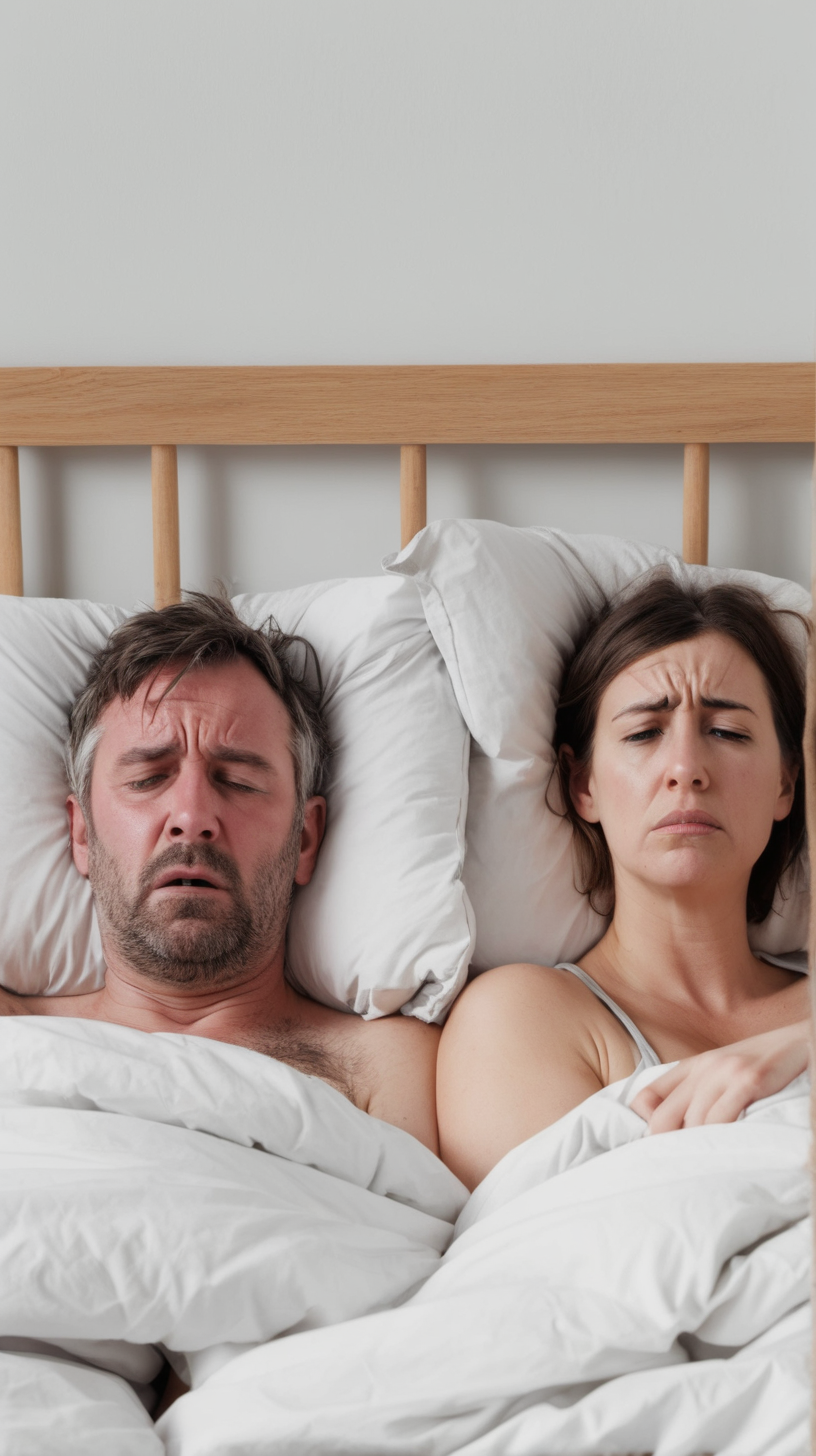 man and woman looking drained and tired in their bed 