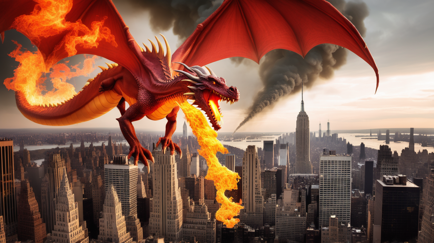 fire breathing dragon destroying NYC
