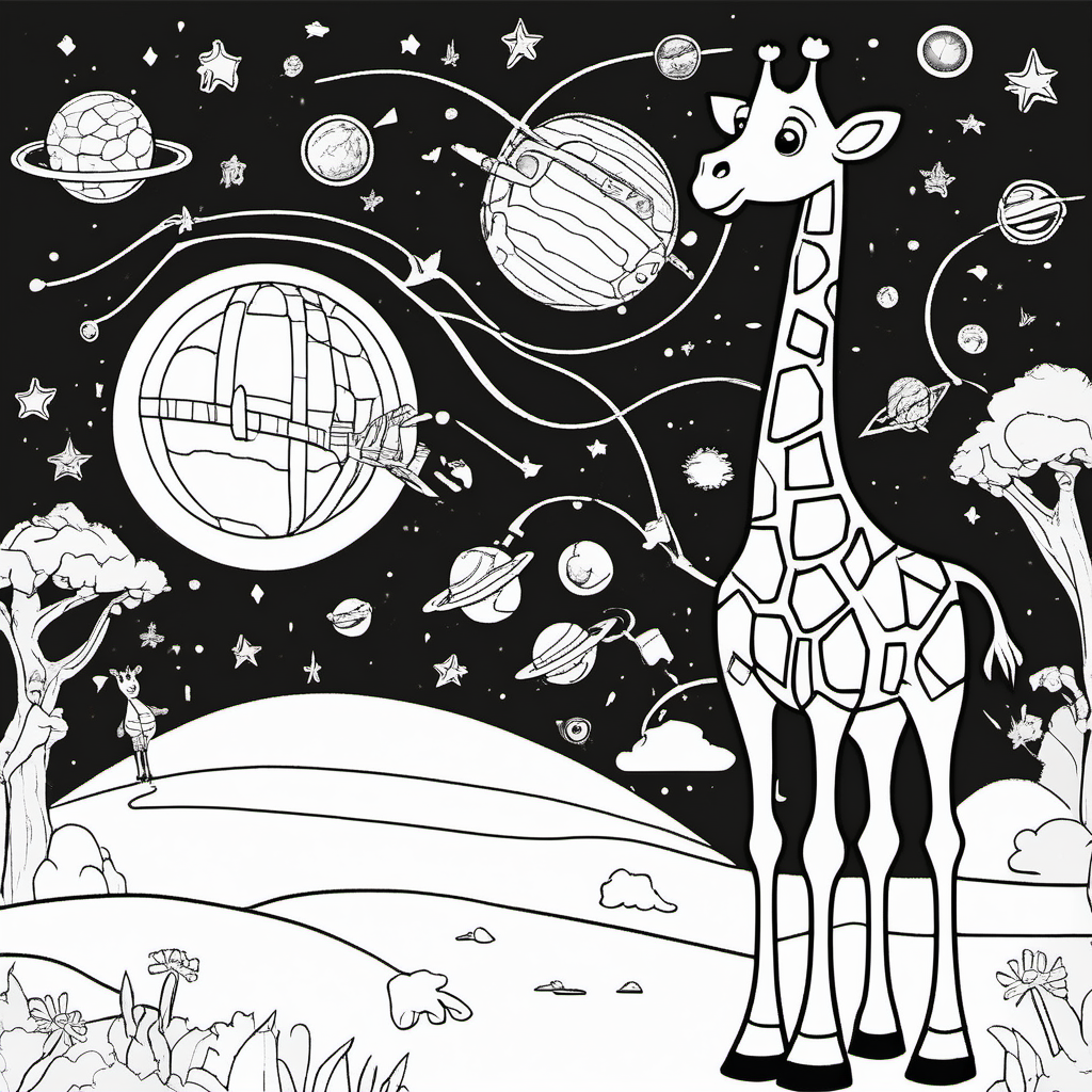 /imagine colouring page for kids, Giraffe Cosmic Adventure, spaceship exploring a colourful galaxy, thick lines, low details, no shading --ar 9:11