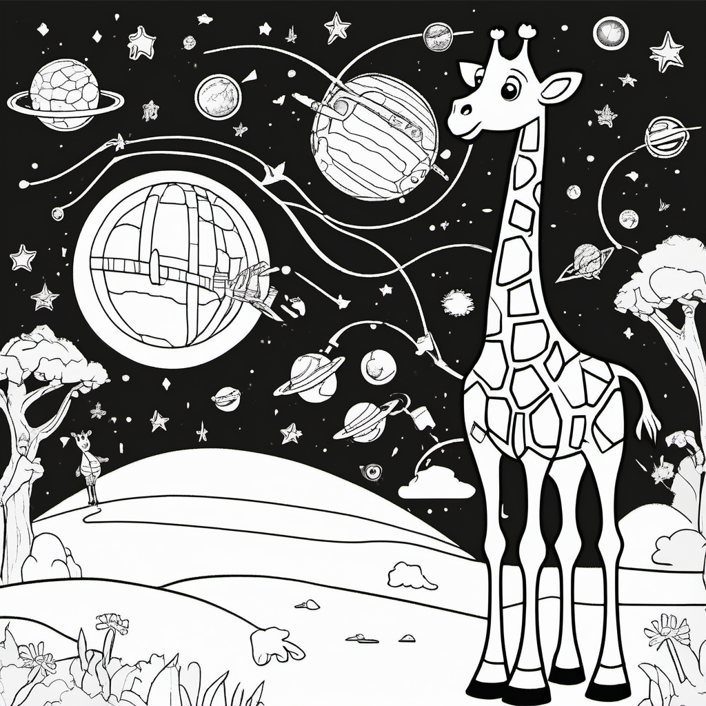 imagine colouring page for kids Giraffe Cosmic Adventure