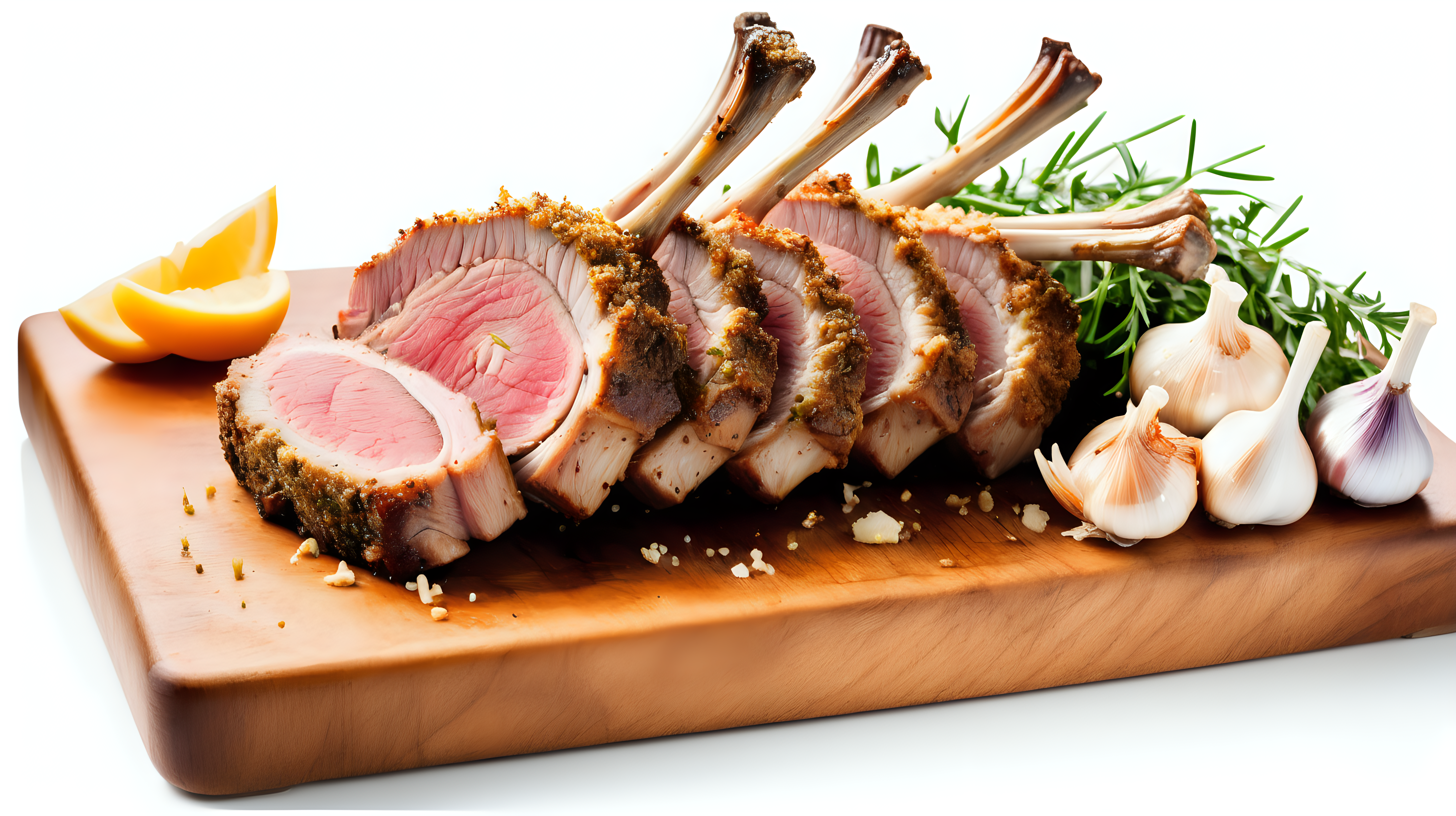 Garlic-Crusted Roast Rack of Lamb on wooden plate, isolated on white background