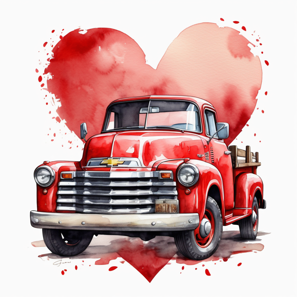 A red vintage chevy pickup truck done in a watercolor style with a valentines theme.