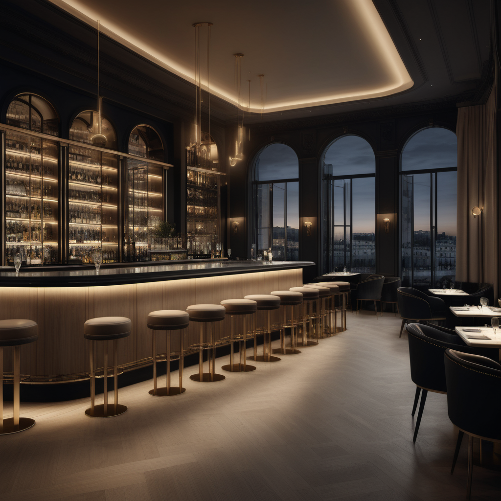 a hyperrealistic of a grand modern Parisian Resturant and bar at night with mood lighting,  floor to ceiling windows with a view of the high st nightlife, in a beige oak and brass and black colour palette
