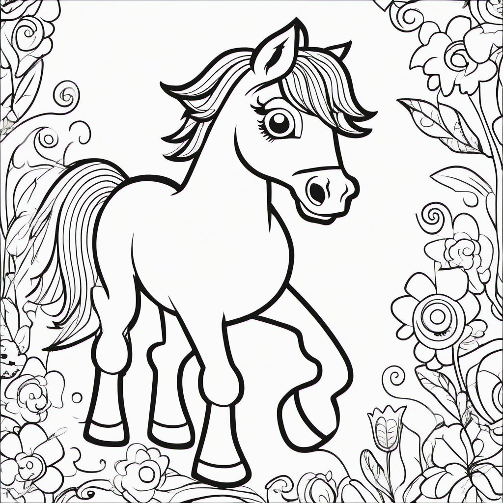 Craft a delightful black outline of a cute Horse, exclusively designed for a children's coloring book. This charming illustration leaves ample space for kids to unleash their creativity and add vibrant colors, making the coloring experience both engaging and delightful.