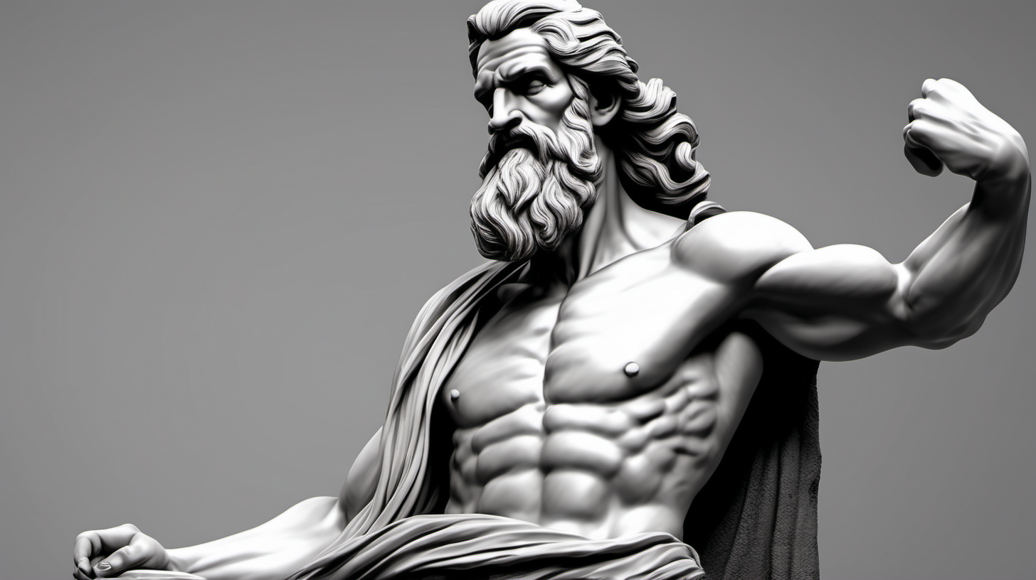 Create a visually stunning and detailed AI-generated image of a Greek-inspired old man statue carved from black stone, featuring muscular physique, long flowing hair, a beard, and draped in a single cloth that elegantly hangs from one shoulder."
