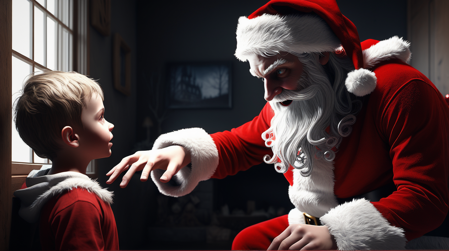 /imagine prompt: realistic, personality: [an evil looking santa stealing from a kid] unreal engine, hyper real --q 2 --v 5.2 --ar 16:9