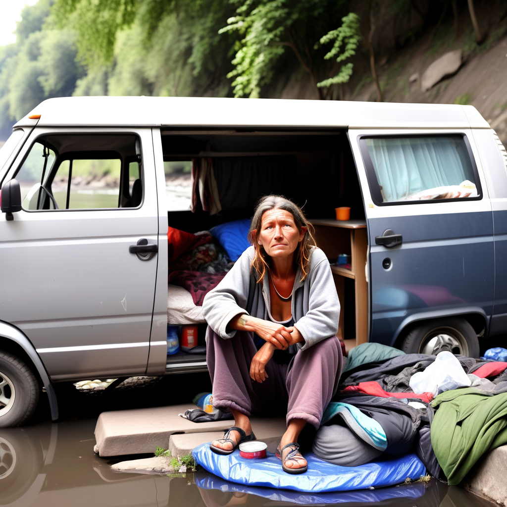 homeless woman living in a van down by the river