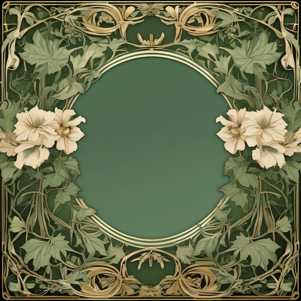/envision prompt: A botanic foliage clipart border takes center stage in this digitally illustrated masterpiece, reminiscent of the intricate designs found in illuminated manuscripts. Drawing inspiration from the elegance of Alphonse Mucha's Art Nouveau style, delicate vines and leaves weave around the frame, capturing nature's grace with flowing lines and meticulous detail. The color palette is a harmonious blend of earthy greens and subtle gold accents. The atmosphere exudes a serene, timeless quality, transporting viewers to a botanical dreamscape. --v 5 --stylize 1000
