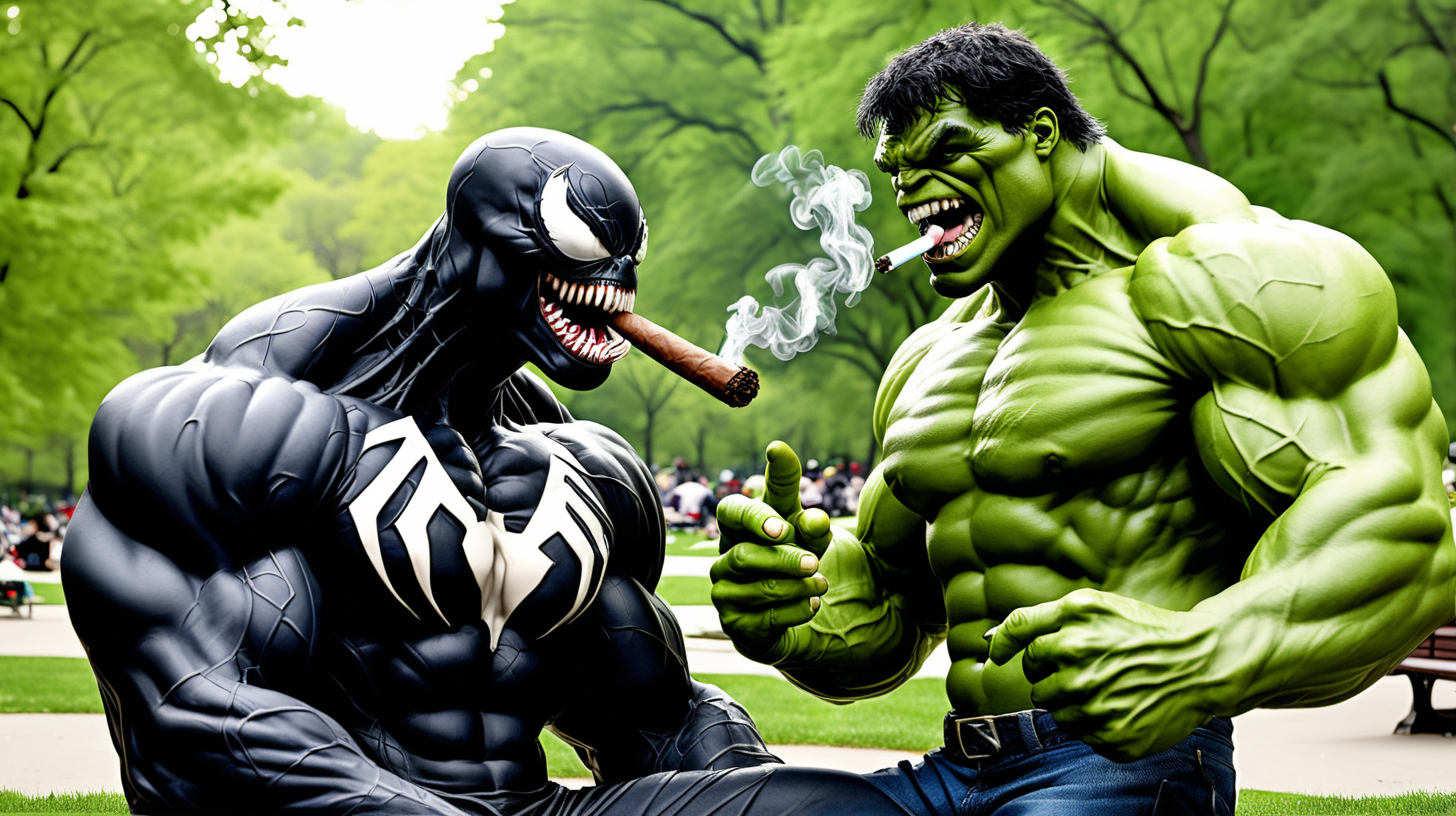 Venom & the hulk smoking a cigar in central park