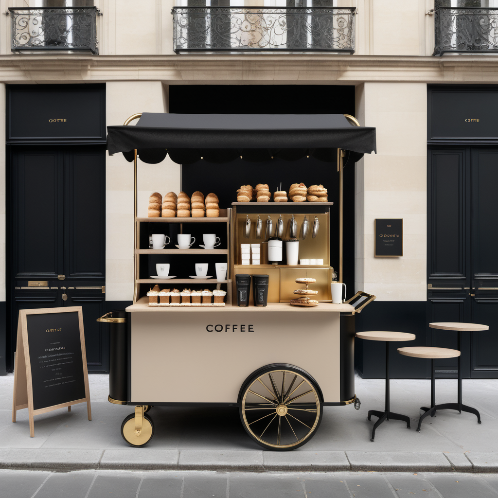 A hyperrealistic image of a grand, large,  Modern Parisian pop-up coffee cart in a beige oak brass and black colour palette with gourmet coffee and pastries