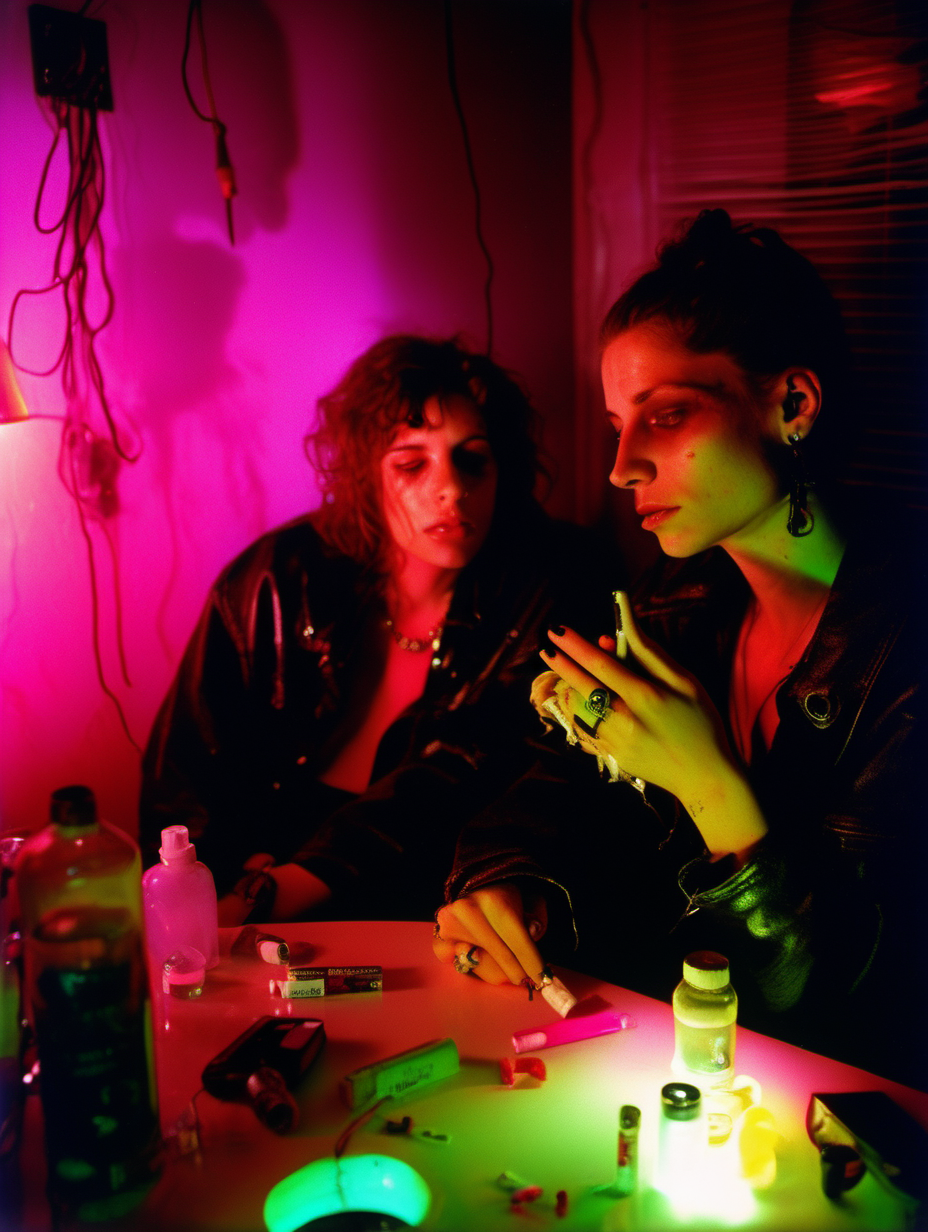 [nan goldin], zwei drogenabhängige nach sex, abgefuckt, fotorealistisch, verrauchtes zimmer, nachdenklich, drogenbesteck im hintergrund, neonlicht, kleinbildaufnahme, colorfilm, iso 400, blende 1,4, nikon