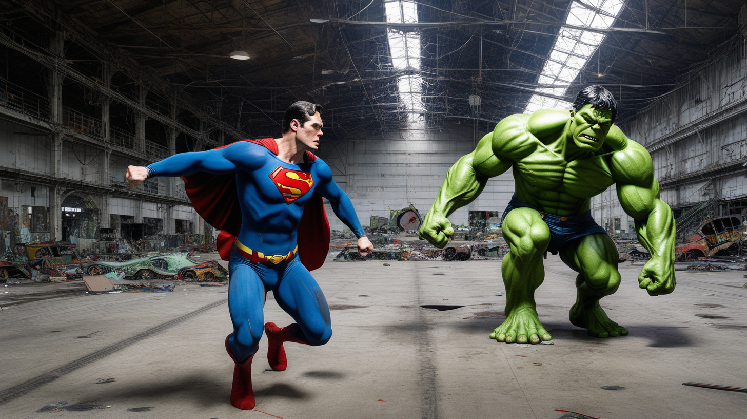 Superman fights the hulk in an abandoned airplane