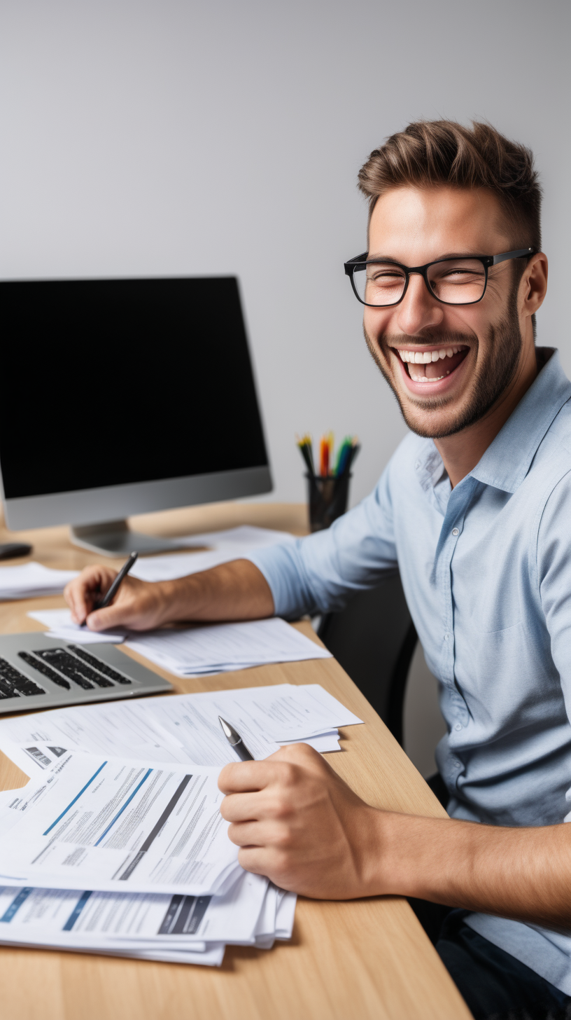Man at his computer doing work very happy and smiley with paperwork next to him