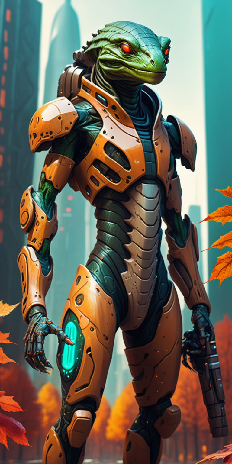 reptile alien with futuristic cyber armor holding plasma