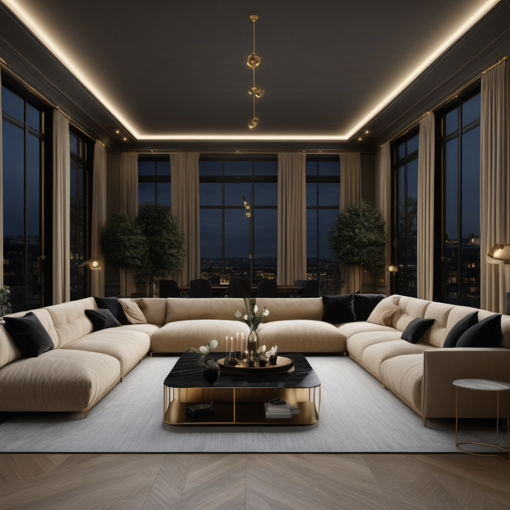 a hyperrealistic image of a grand modern Parisian 6.7x4.7 metre combined lounge room and dining room with windows along only one wall, at night with mood lighting  in beige, oak, brass and black
