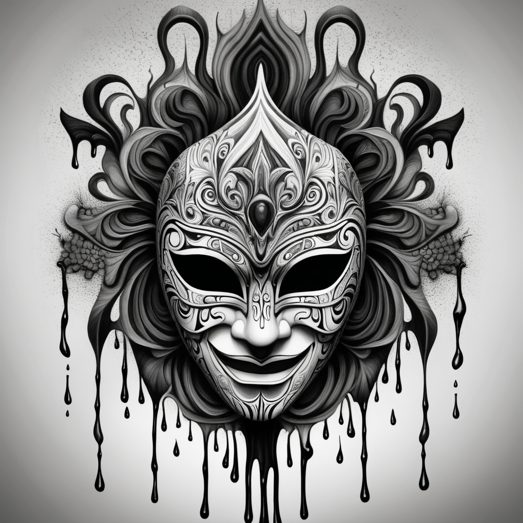black & white, high details, symmetrical mandala, strong lines, tragedy and comedy drama mask that is melting, dripping