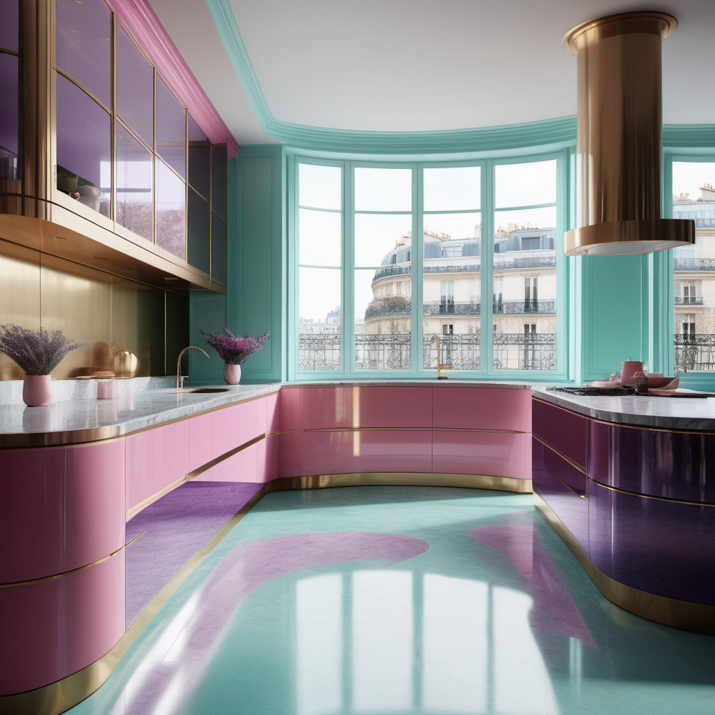 hyperrealistic image of modern Parisian kitchen, floor to ceiling windows, curves, pink, aqua, peurple and brass colour palette