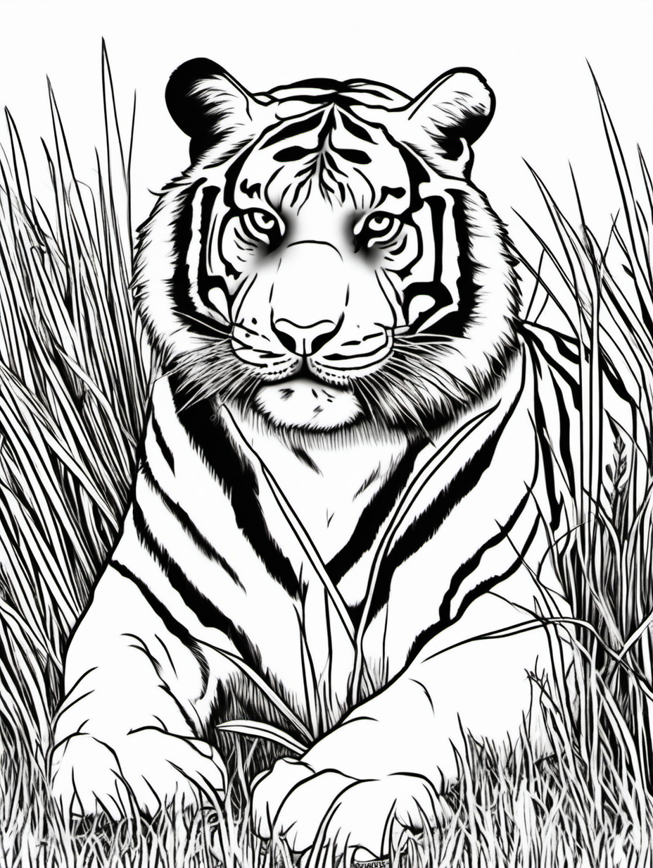 tiger resting in the grass coloring page low | MUSE AI