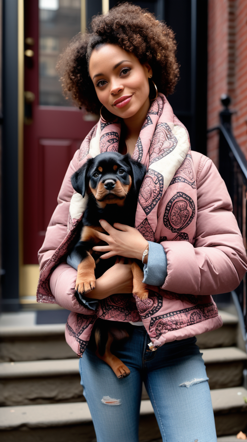 A beautiful, light skinned woman, wearing curly hair, Facing the camera, wearing an African printed scarf, wearing a Dusty Rose, Levi denim jacket reimagined into a waist length, down filled jacket, with brown fur shawl collar, African printed fabric inserted in various places, holding a Rottie puppy, standing on the stoop of a Brownstone in Harlem NY, ultra4k, high definition, hyper realistic