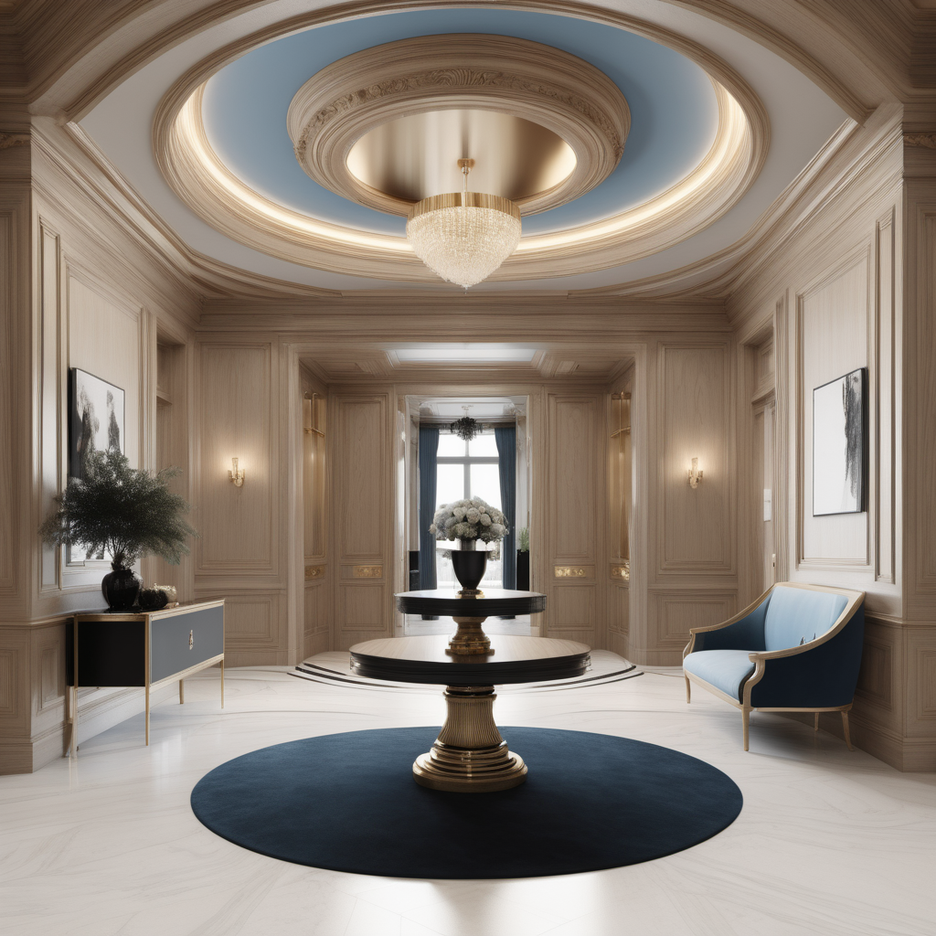 A hyperrealistic image of a luxurious, grand  modern Parisian entrance foyer in a beige oak brass colour palette with accents of black and muted soft blue, with coffered ceiling, a curved bifurcated staircase 