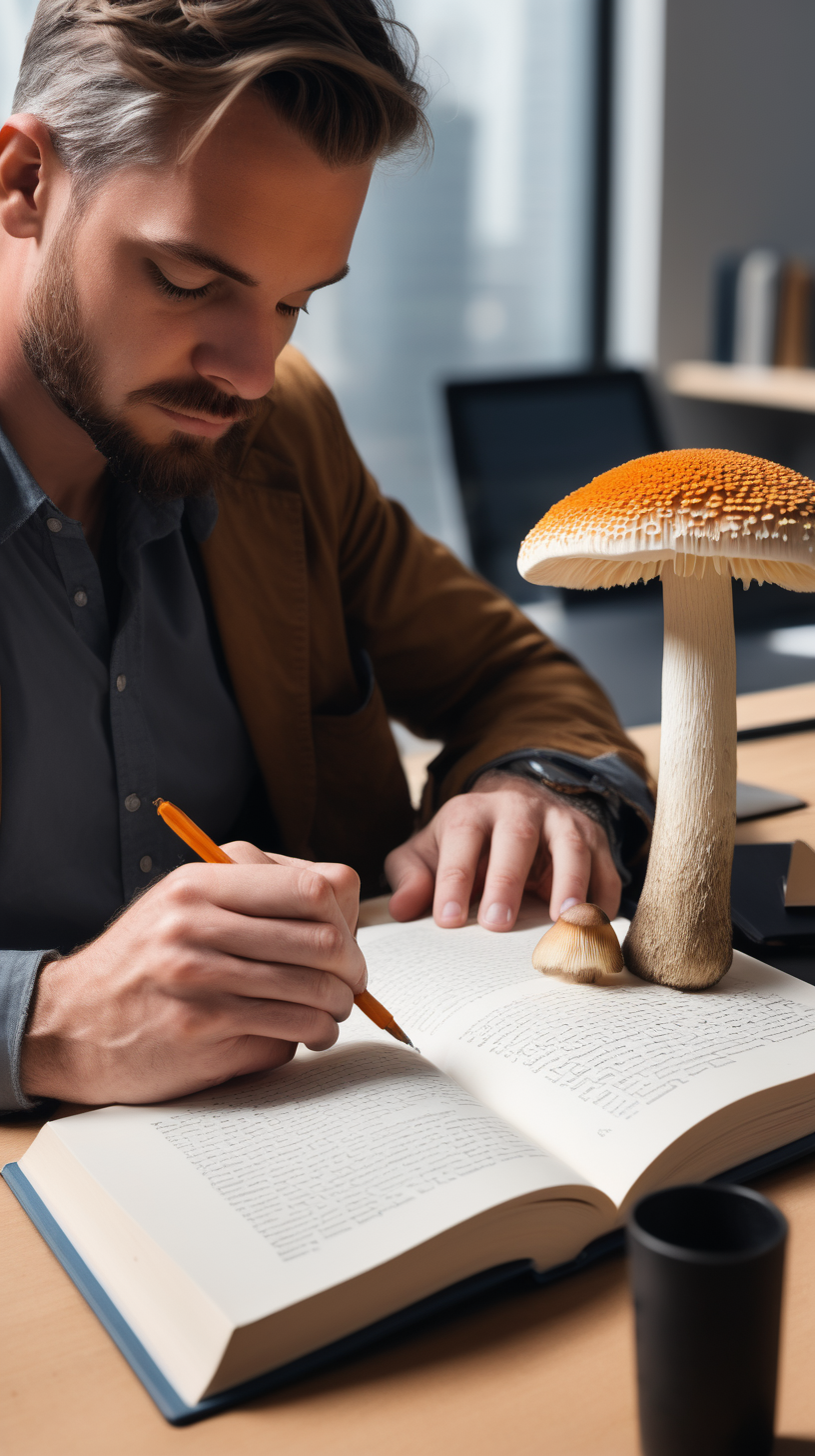 Man writing in a book at work with lionsmane mushroom next to him 