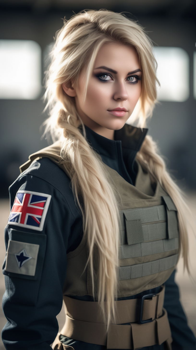 Beautiful Nordic woman, very attractive face, detailed eyes, big breasts, dark eye shadow, messy blonde hair, wearing a modern military cosplay outfit, bokeh, soft light on face, rim lighting, facing away from camera, looking back over her shoulder, standing on a military base, photorealistic, very high detail, extra wide photo, full body photo, aerial photo