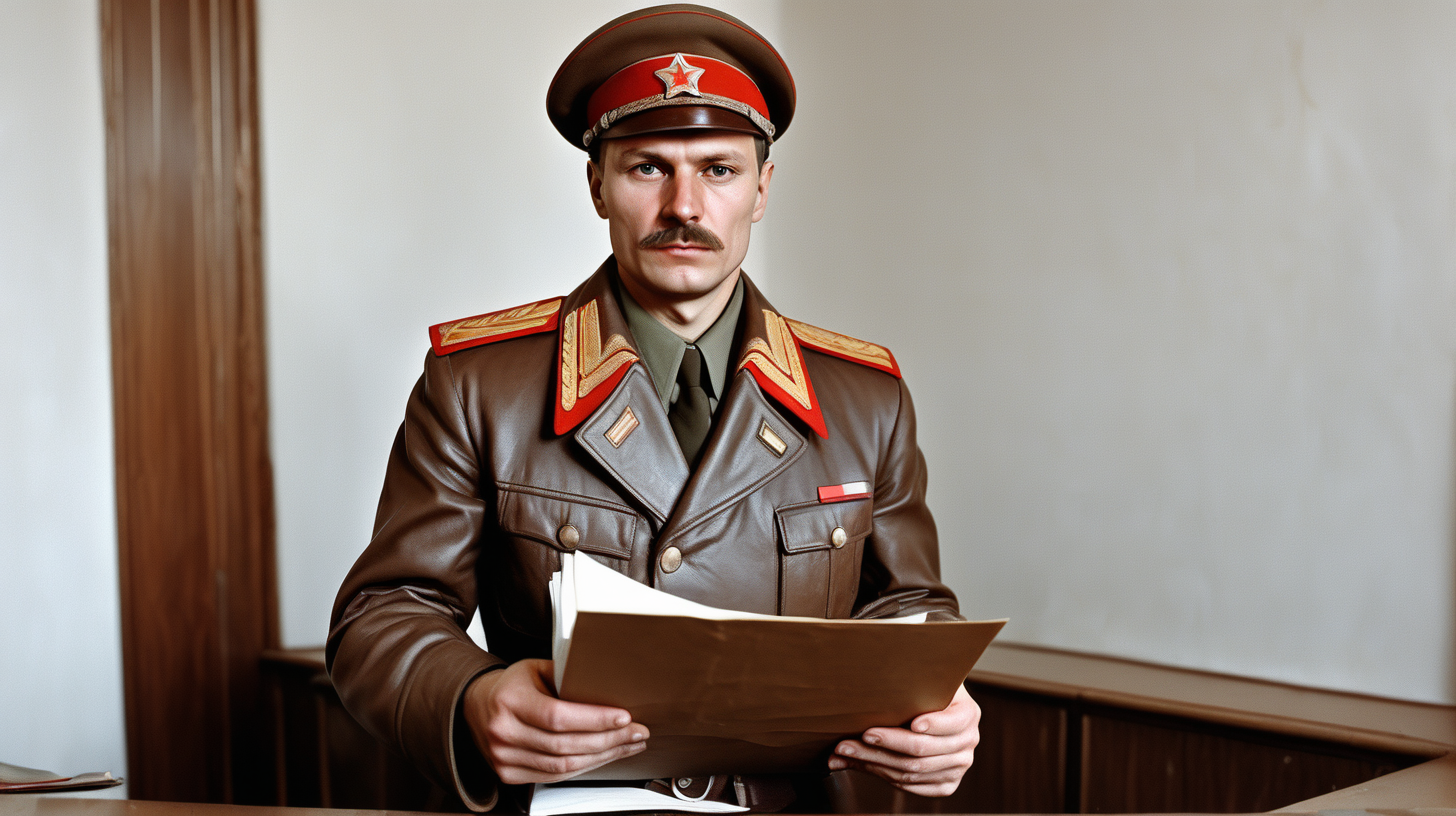 FSB Soviet officer hands over a brown folder