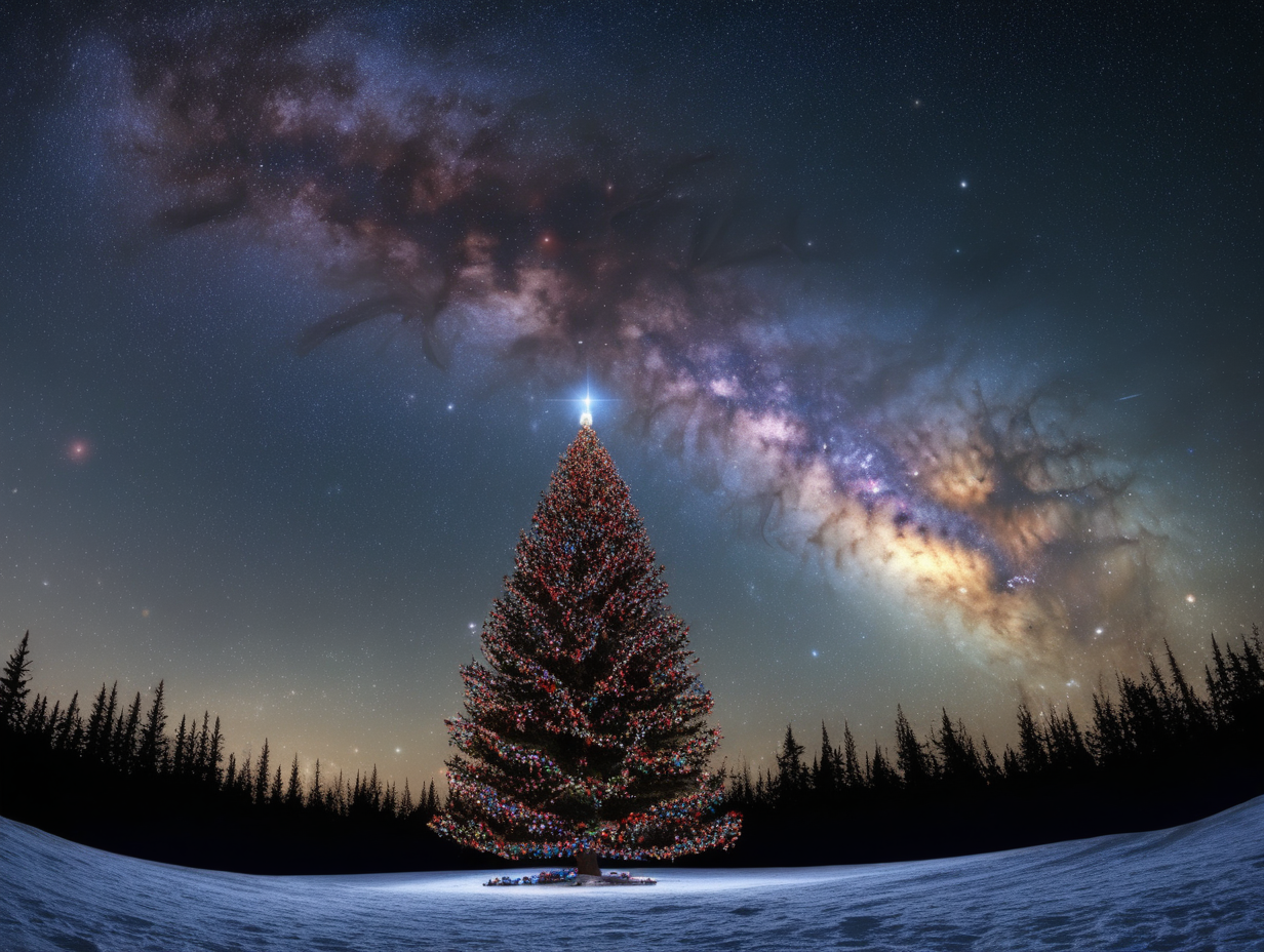 image of the milky way galaxy, with a christmas tree in the center.