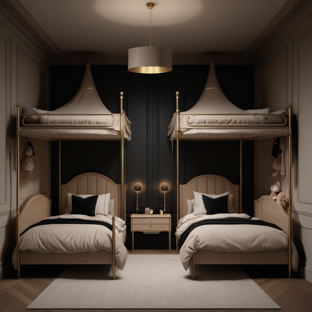 a hyperrealistic of a grand modern Parisian estate home childrens shared bedroom at night with mood lighting, a double bed with a canopy, in a beige oak and brass colour palette with accents of black
