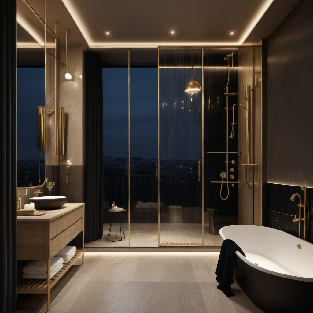 a hyperrealistic image of a grand modern Parisian  bathroom at night with mood lighting, floor to ceiling window with view of the balcony  in beige, oak, black and brass with modern brass pendant lights and glass double walk-in shower, curtains
