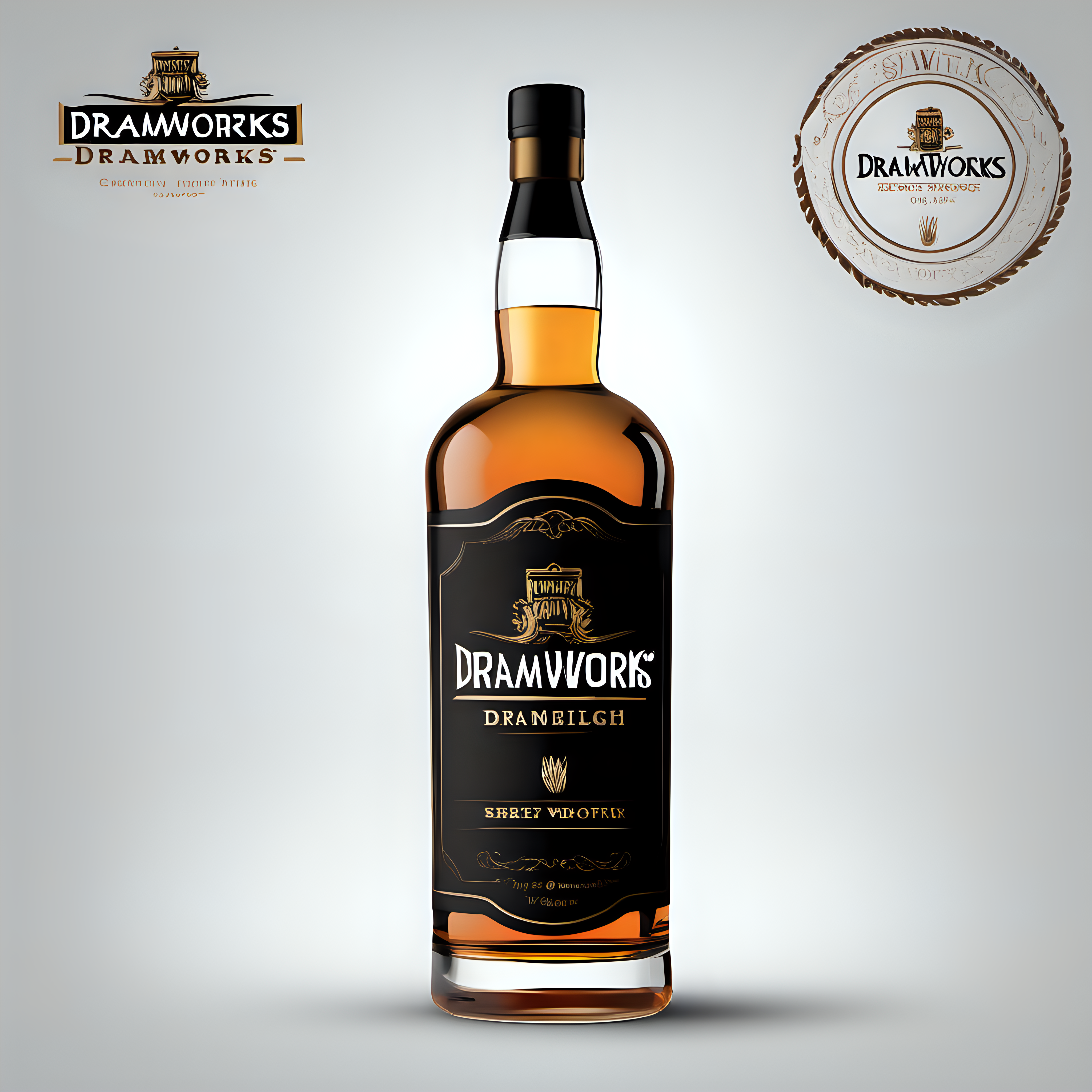 create a logo for "Dramworks" whisky brand using modern clean font  and features barley and uses a "W" on the bottle