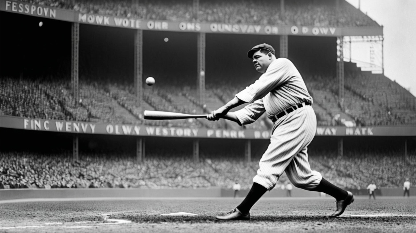 Babe Ruth hitting a ball over Fenway Park