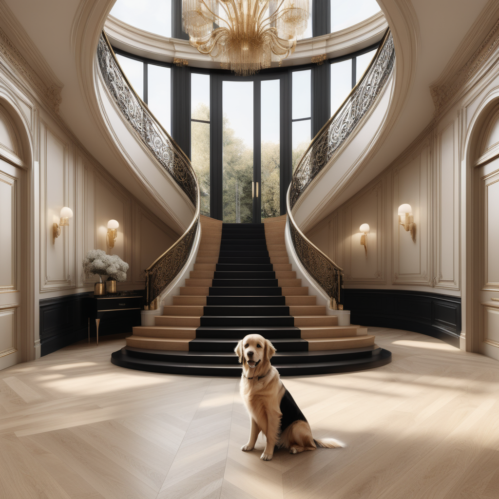 a hyperrealistic image of a grand modern Parisian entrance foyer with curved staircase; floor to ceiling windows; beige, oak, brass and black colour palette; Oak floor; golden retriever